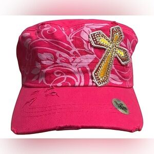 Women’s ragged Pink hat with cross design